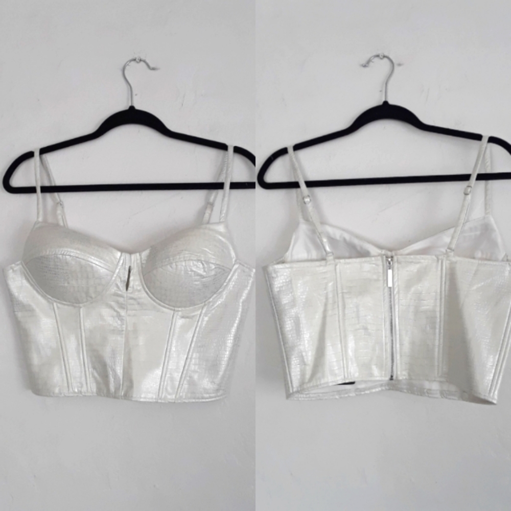 Say What white and silver faux leather bustier top size large New with t…